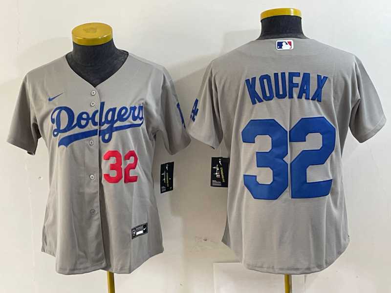 Womens Los Angeles Dodgers #32 Sandy Koufax Number Grey Cool Base Stitched Jersey